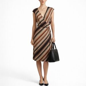 A.B.S Allen Schwartz Faux Wrap Dress | Brown‎ Neutral Stripe Y2K Minimalist M